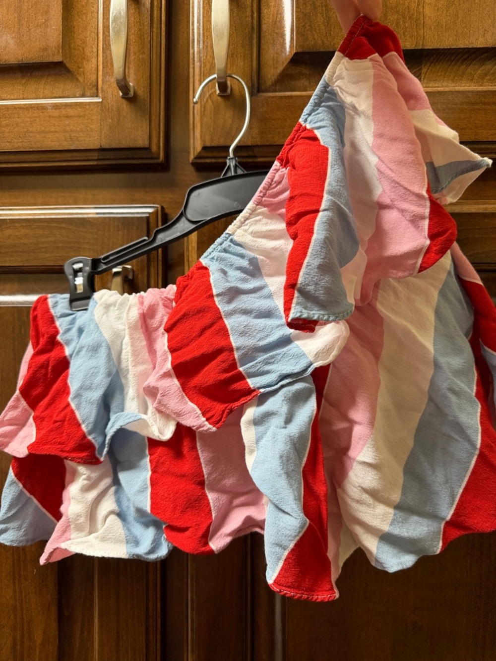 DO+BE Red, Light Blue, Pink and White Striped Ruffle Crop Top